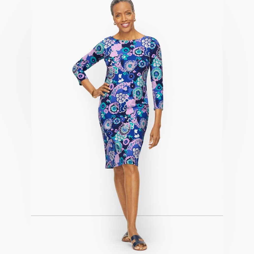 Talbots JERSEY A-LINE DRESS - MOD FLORAL 3/4 Sleeves Stretch Size LP